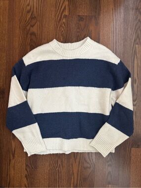 American Eagle Outfitters Navy and Cream Striped Crewneck Sweater